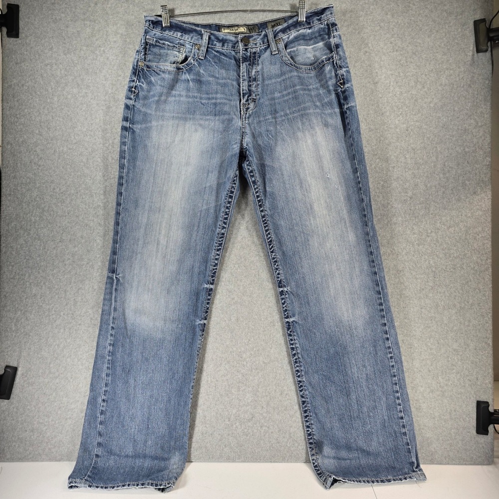 BKE Seth Mens Straight Leg Jeans 38XL Light Wash Blue Denim Heavy Stitch Cotton